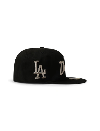 New Era 5950 Dodgers Side LA Metallic Script Hat - Black/Silver by Denim Exchange