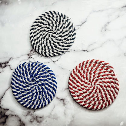 Braided Cotton Coasters 4-Pack - Candy Cane Stripe Pattern (Black, Red or Blue)