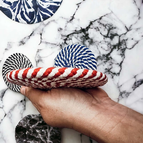 Braided Cotton Coasters 4-Pack - Candy Cane Stripe Pattern (Black, Red or Blue)
