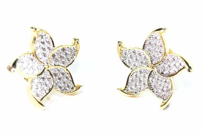 Five Petal Flower Stud Earrings - Gold Tone Pave Cubic Zirconia