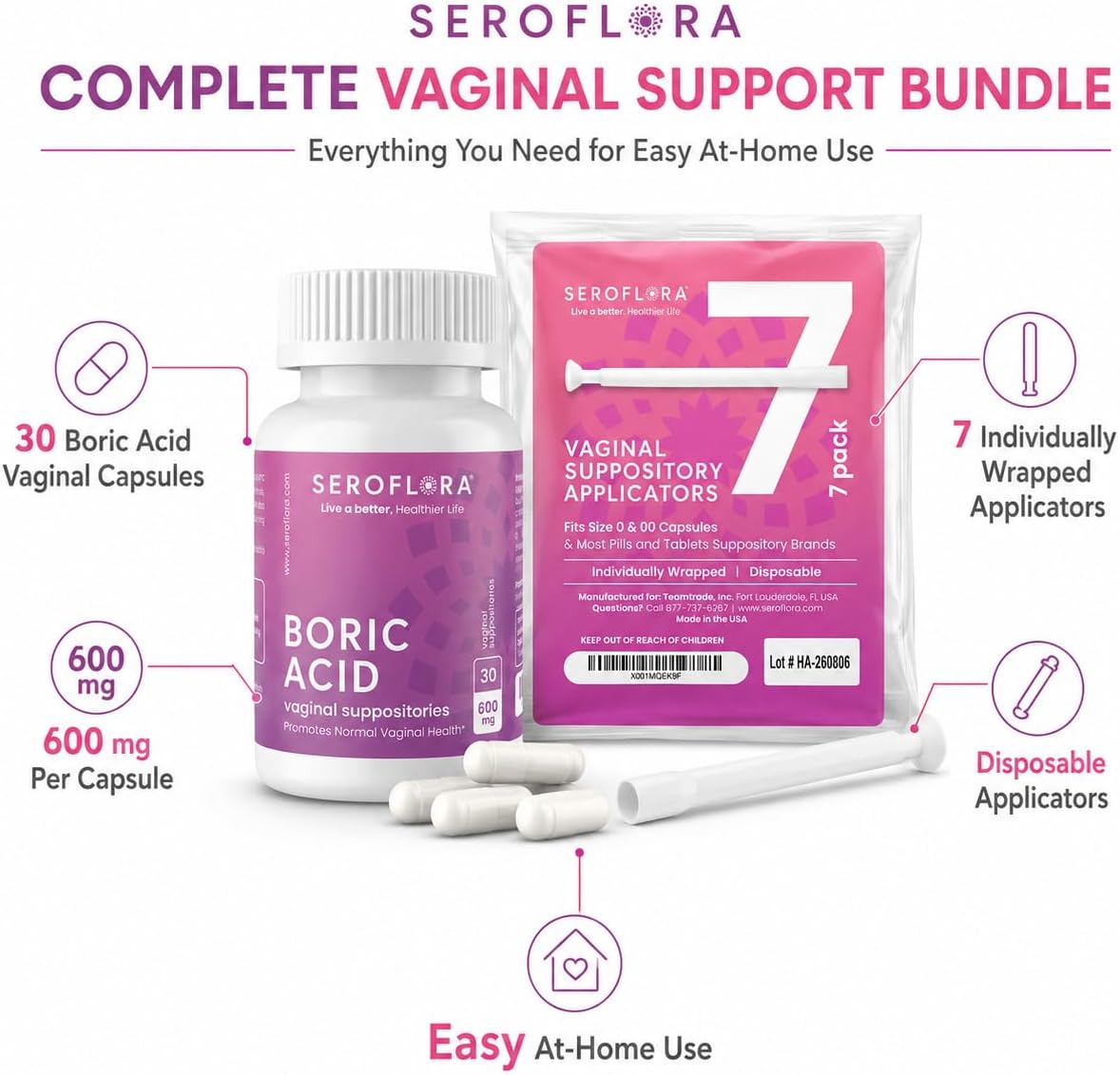Boric Acid Vaginal Suppositories with Applicators (30/7ct) by Seroflora