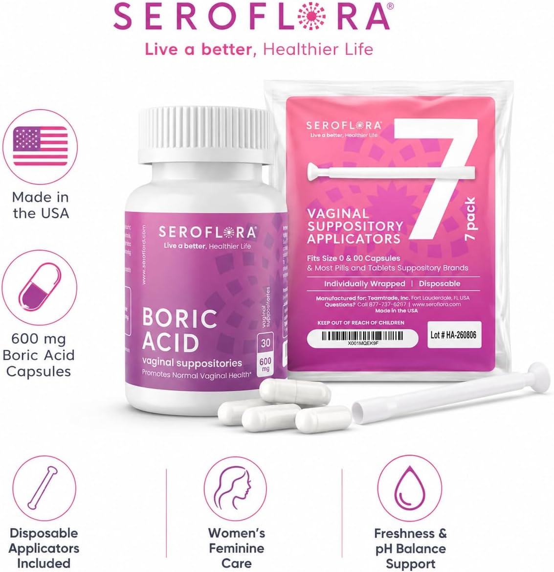 Boric Acid Vaginal Suppositories with Applicators (30/7ct) by Seroflora