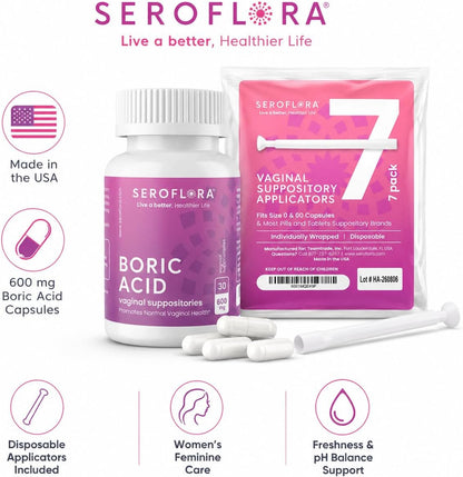 Boric Acid Vaginal Suppositories with Applicators (30/7ct) by Seroflora
