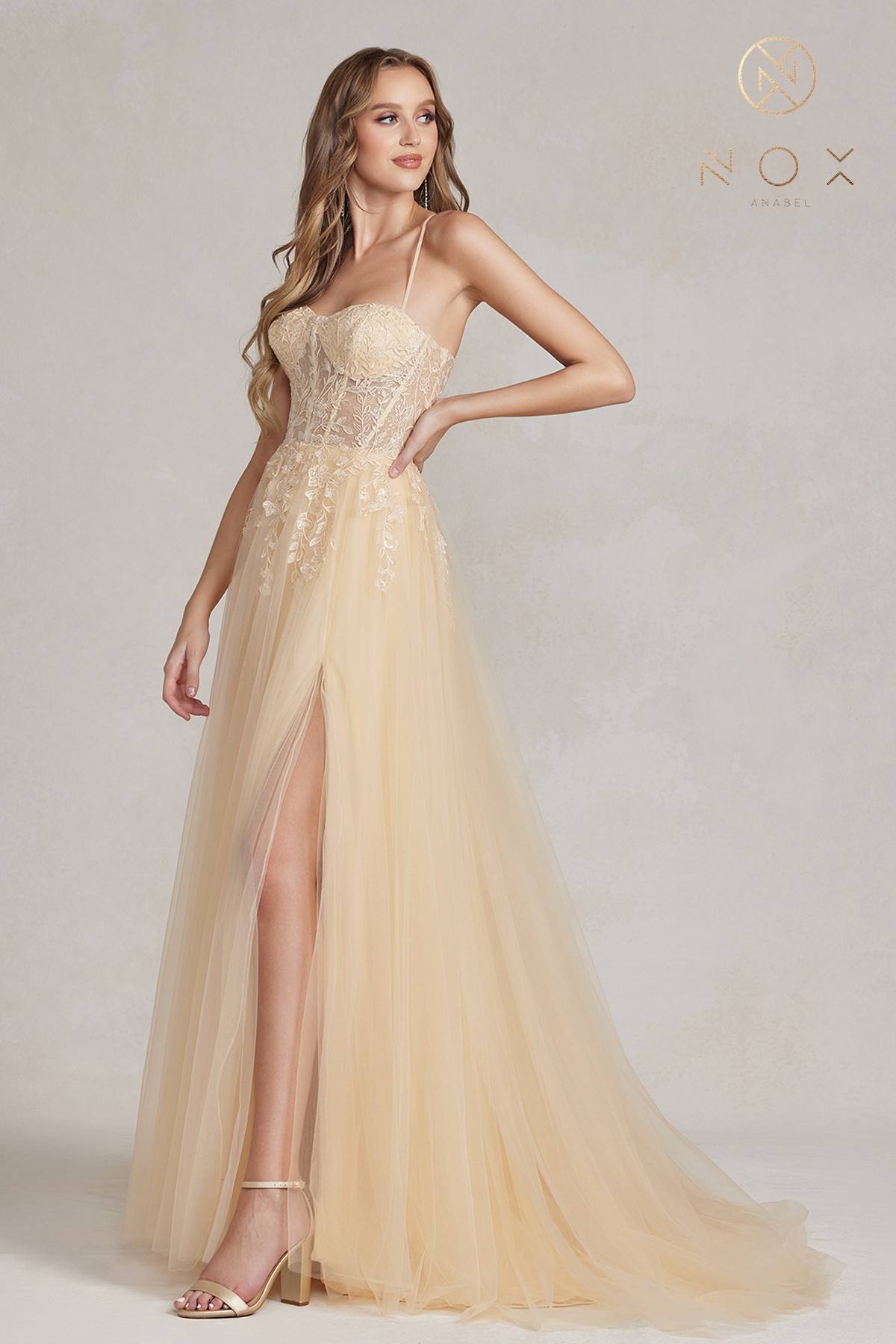 Nox Anabel J1089 Floor Length A-Line Tulle Gown with Slit by DiscountDressShop