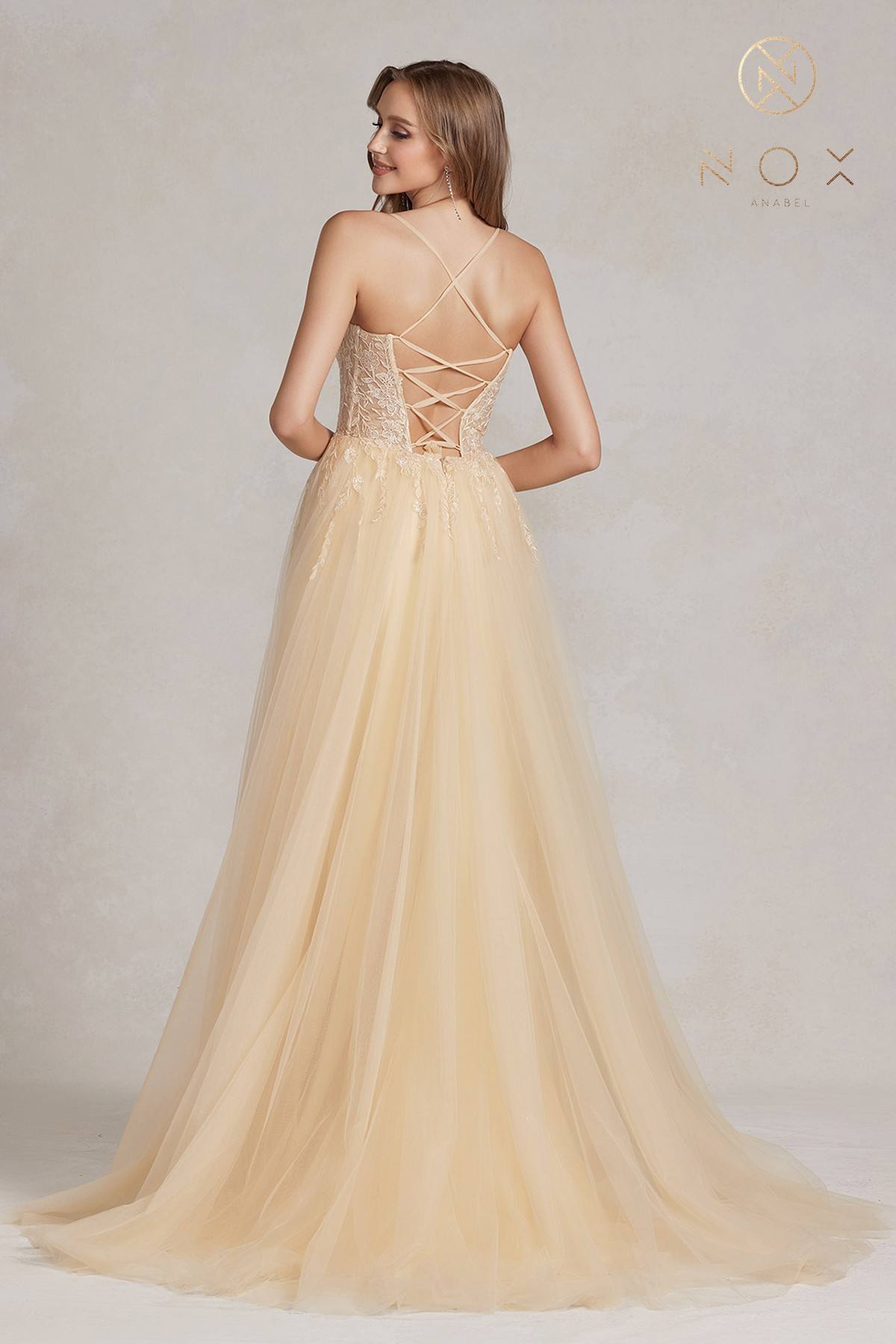 Nox Anabel J1089 Floor Length A-Line Tulle Gown with Slit by DiscountDressShop