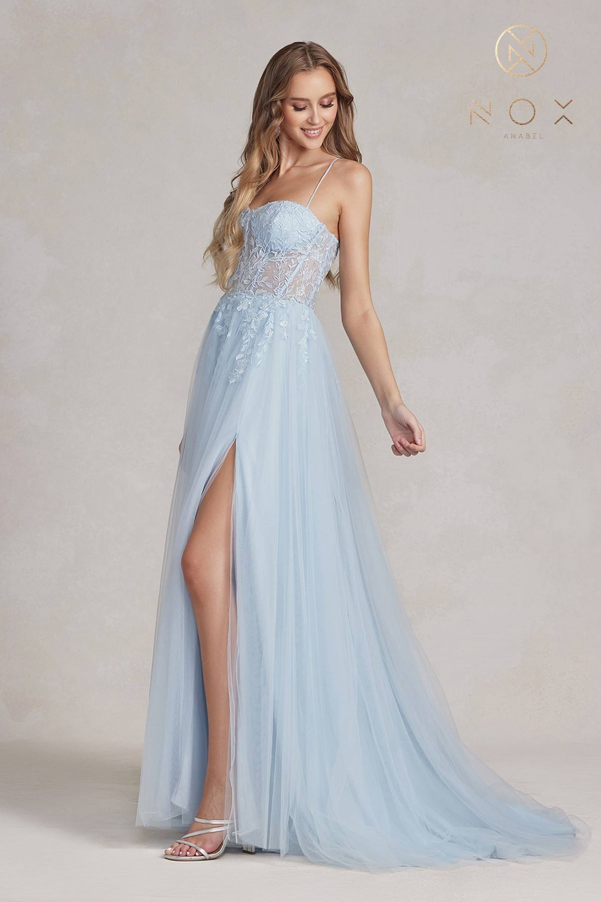 Nox Anabel J1089 Floor Length A-Line Tulle Gown with Slit by DiscountDressShop
