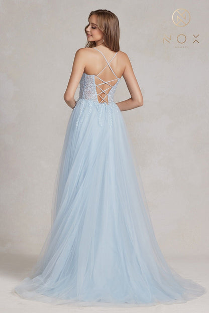 Nox Anabel J1089 Floor Length A-Line Tulle Gown with Slit by DiscountDressShop