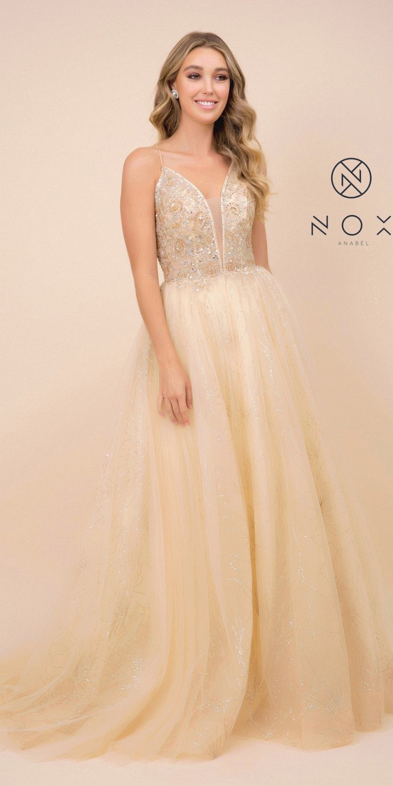 CLEARANCE - Nox Anabel J411 Embellished Formal Ball Gown Crisscross Back (Size 4) by DiscountDressShop