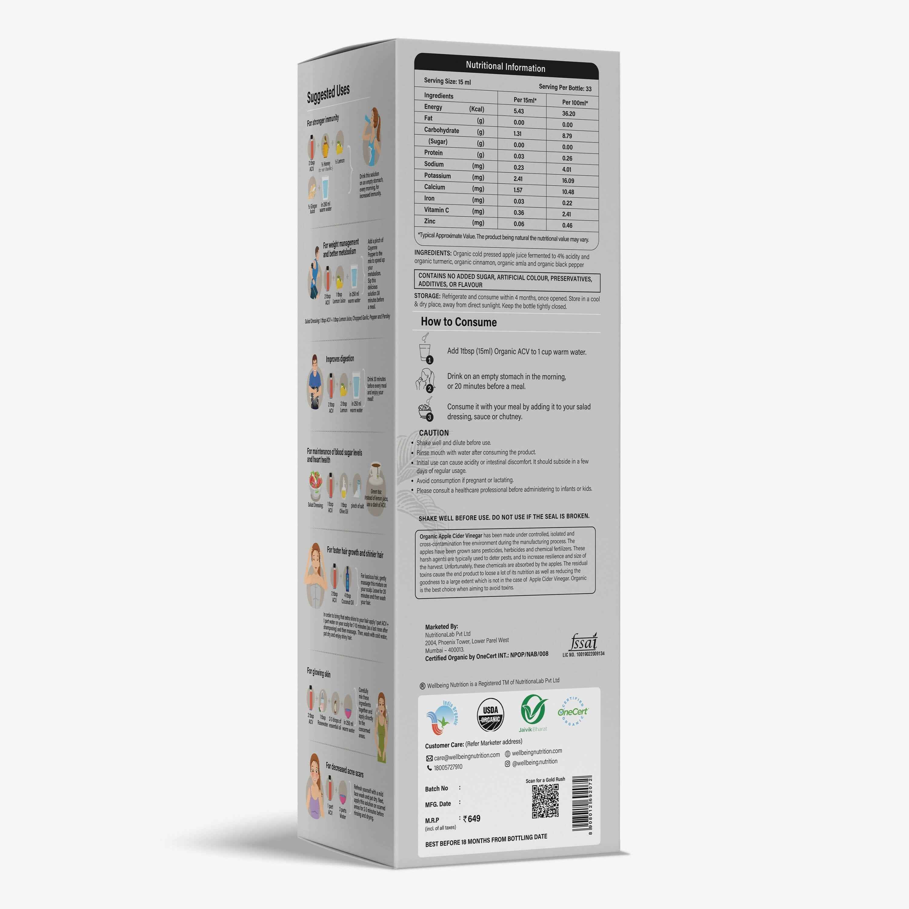 Wellbeing Nutrition Organic Apple Cider Vinegar with 2X Mother - Amla, Turmeric, Cinnamon, and Black Pepper