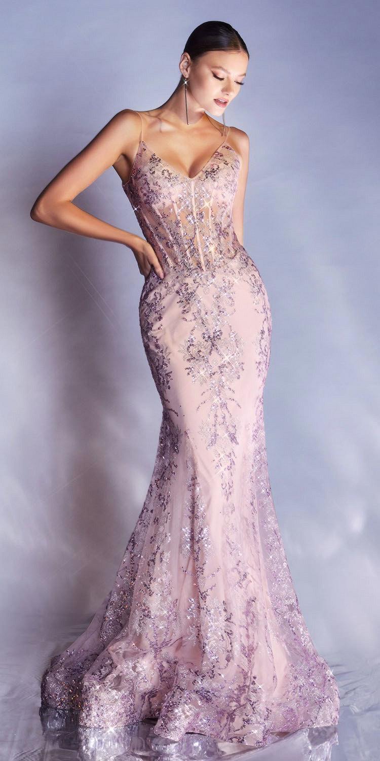 Ladivine J810 Long Fitted Floral Glitter Print Corset Gown - DestGlow
