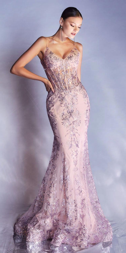 Ladivine J810 Long Fitted Floral Glitter Print Corset Gown - DestGlow
