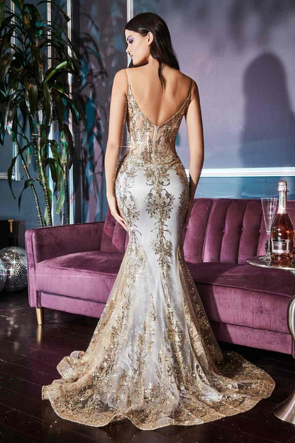 Ladivine J810 Long Fitted Floral Glitter Print Corset Gown - DestGlow