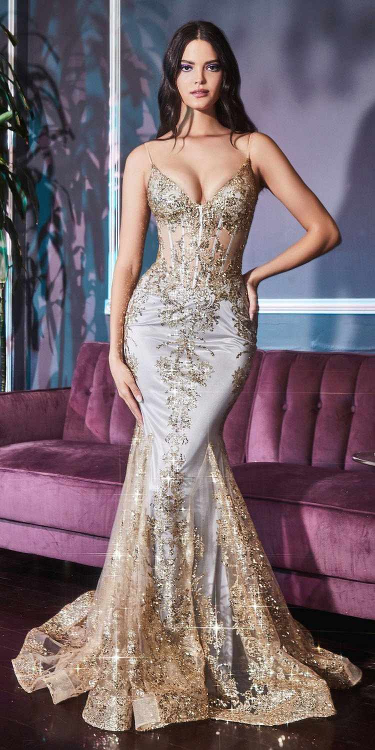 Ladivine J810 Long Fitted Floral Glitter Print Corset Gown - DestGlow