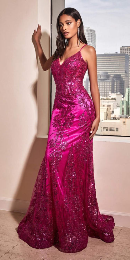 Ladivine J810 Long Fitted Floral Glitter Print Corset Gown - DestGlow
