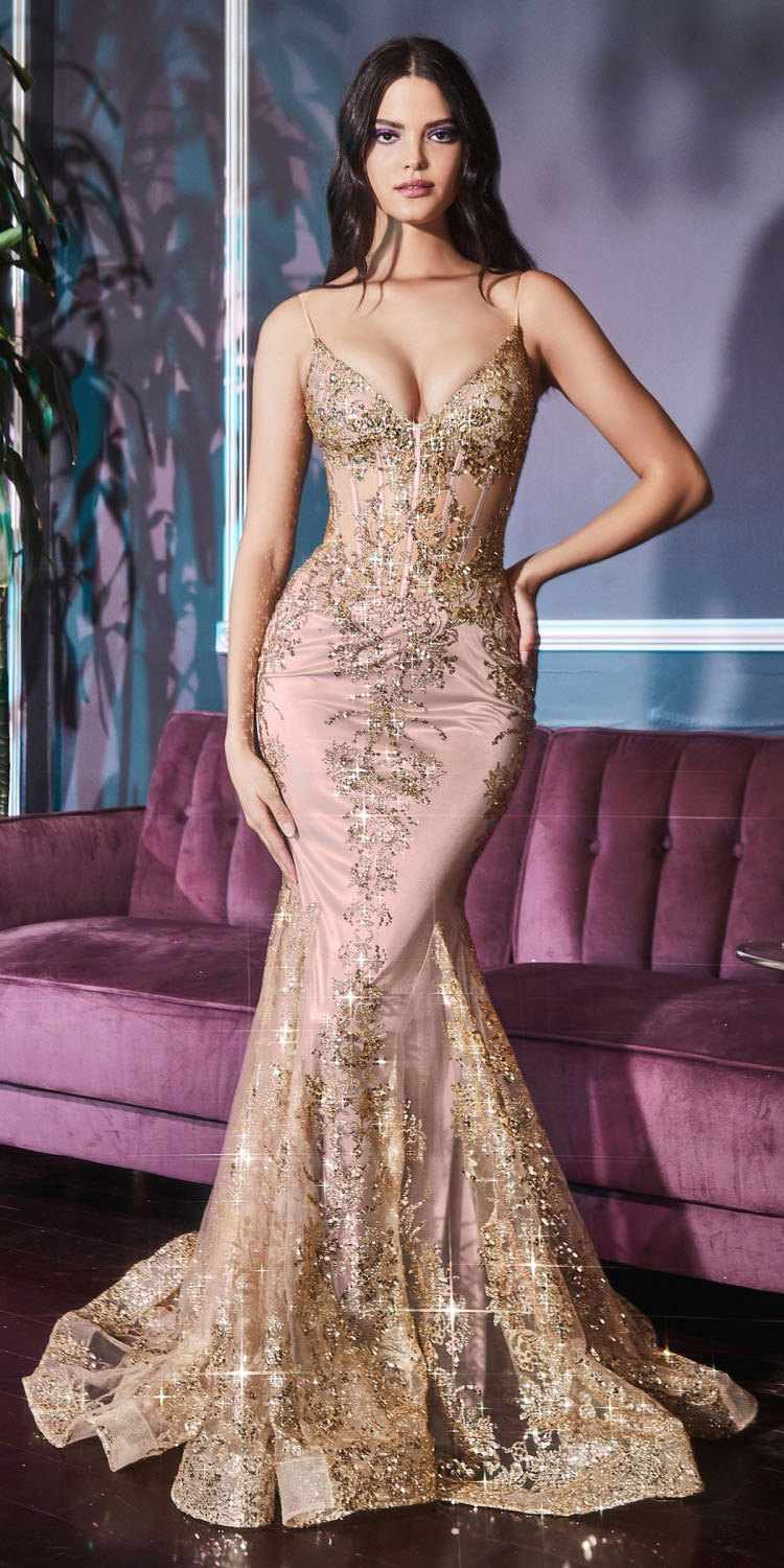 Cinderella Divine J810 Long Fitted Mermaid Gown Metallic Embroidered Lace - DestGlow