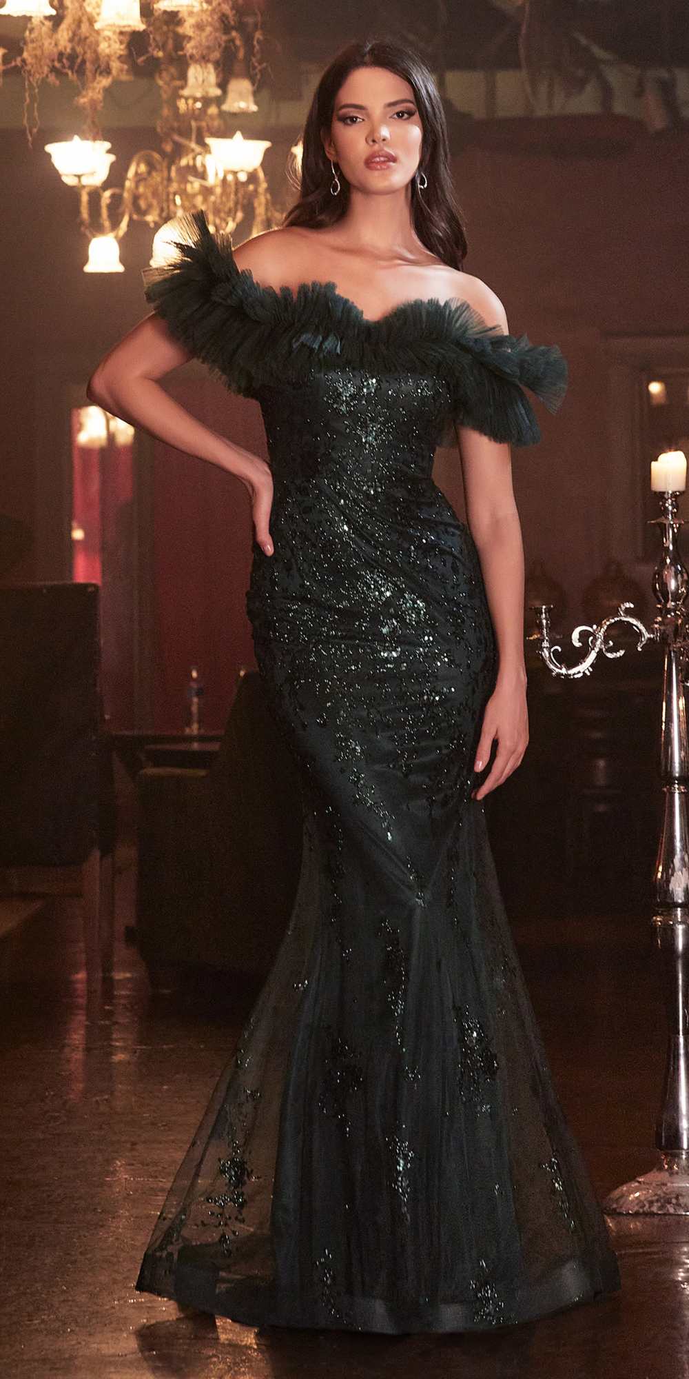 Cinderella Divine J818 Gathered Tulle Off the Shoulder Fitted Gown by DiscountDressShop