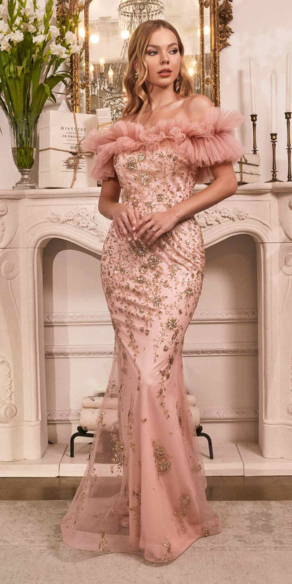 Cinderella Divine J818 Gathered Tulle Off the Shoulder Fitted Gown by DiscountDressShop