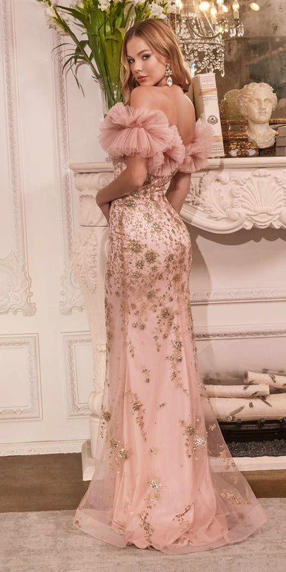 Cinderella Divine J818 Gathered Tulle Off the Shoulder Fitted Gown by DiscountDressShop
