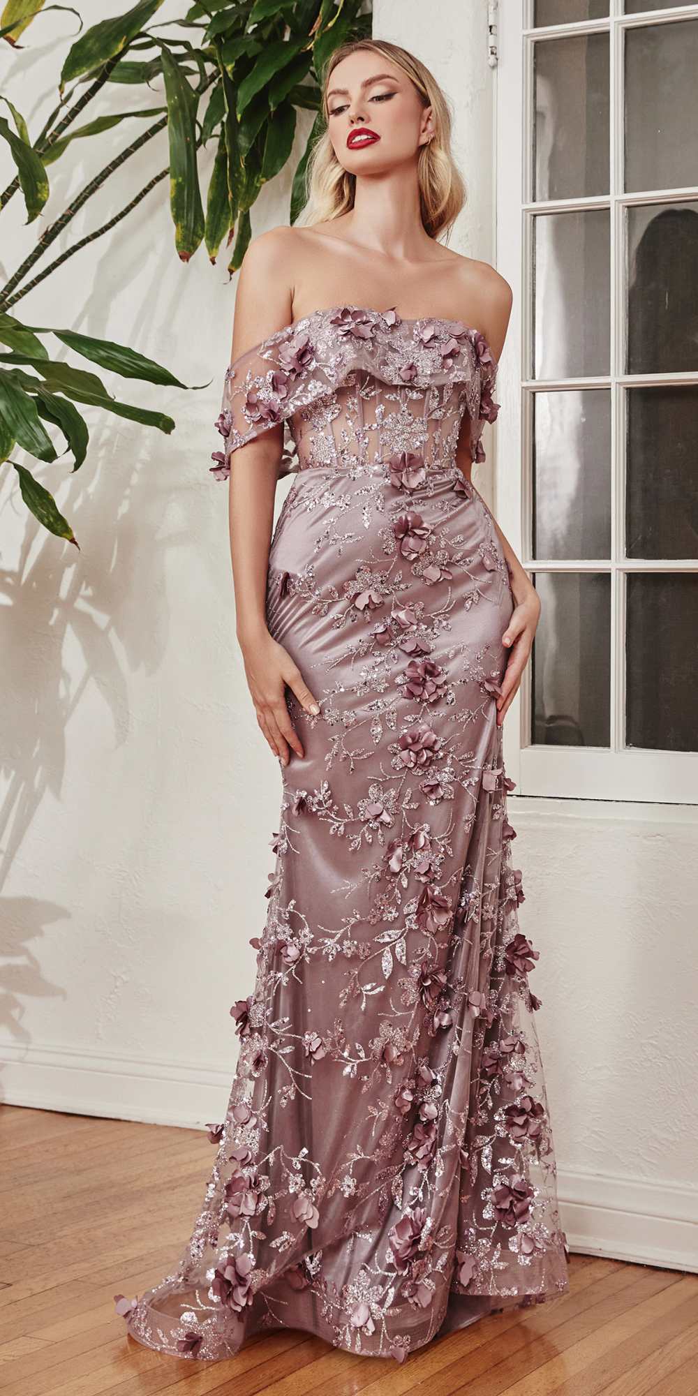Ladivine J832 Long Floral Print Fitted Off the Shoulder Gown with Slit by DiscountDressShop