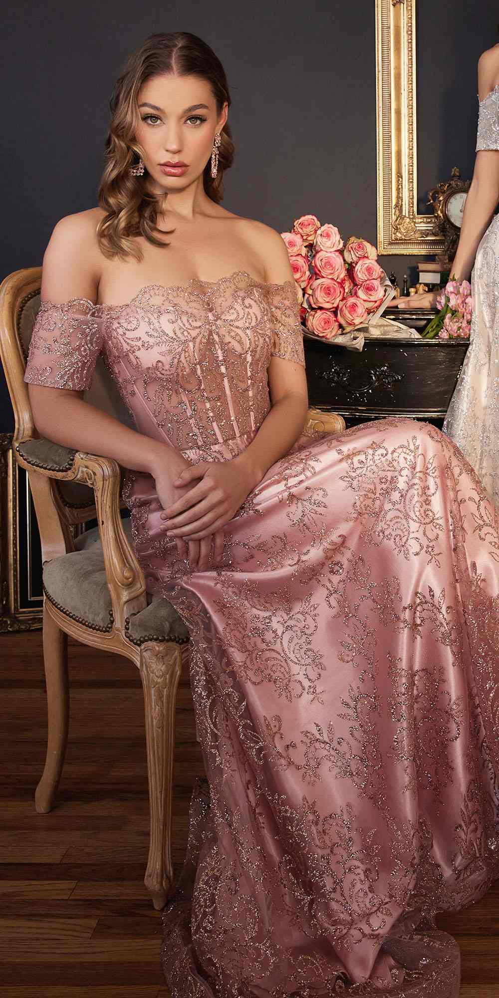Ladivine J835 Floor Length Off the Shoulder A-line Glitter Print Gown by DiscountDressShop