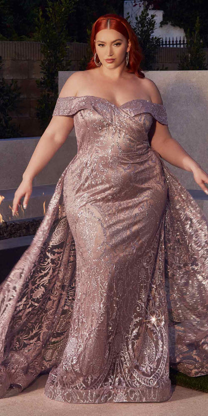 Ladivine J836 Long Off the Shoulder Lace Gown with Over Skirt by DiscountDressShop