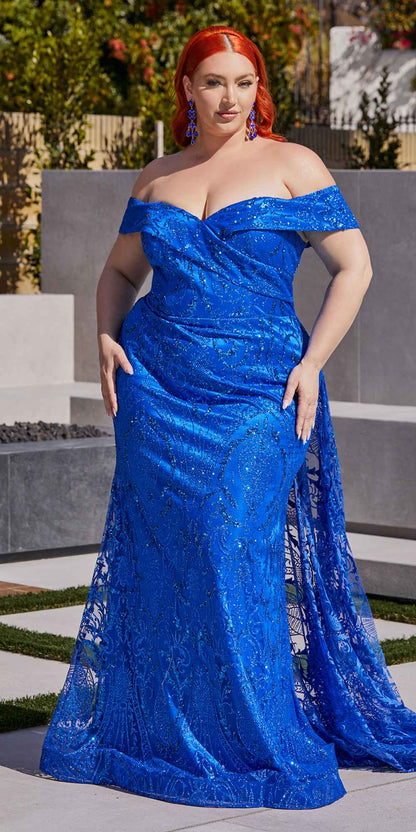 Ladivine J836 Long Off the Shoulder Lace Gown with Over Skirt by DiscountDressShop