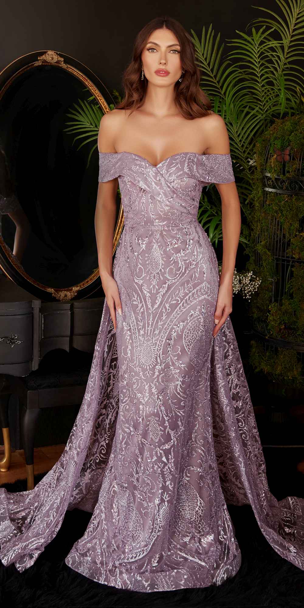 Ladivine J836 Long Off the Shoulder Lace Gown with Over Skirt by DiscountDressShop