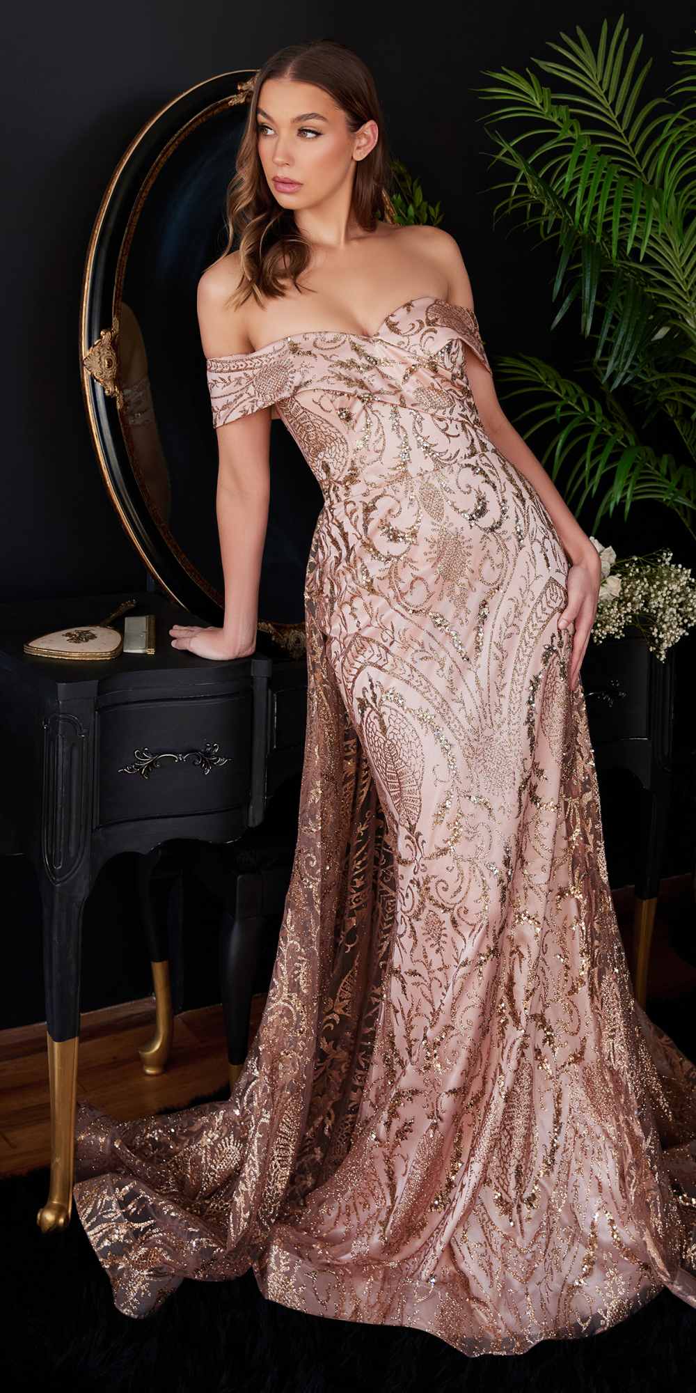 Ladivine J836 Long Off the Shoulder Lace Gown with Over Skirt by DiscountDressShop