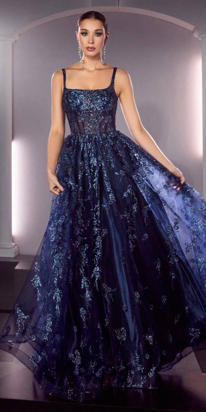 Ladivine J840 Floor Length Glitter Print A-Line Gown Corset Bodice by DiscountDressShop