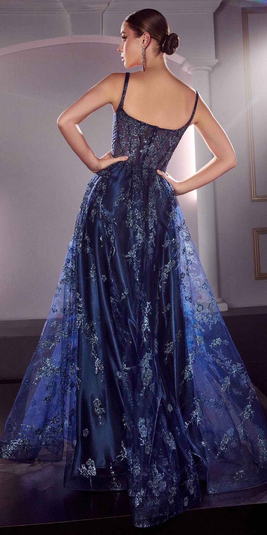 Ladivine J840 Floor Length Glitter Print A-Line Gown Corset Bodice by DiscountDressShop