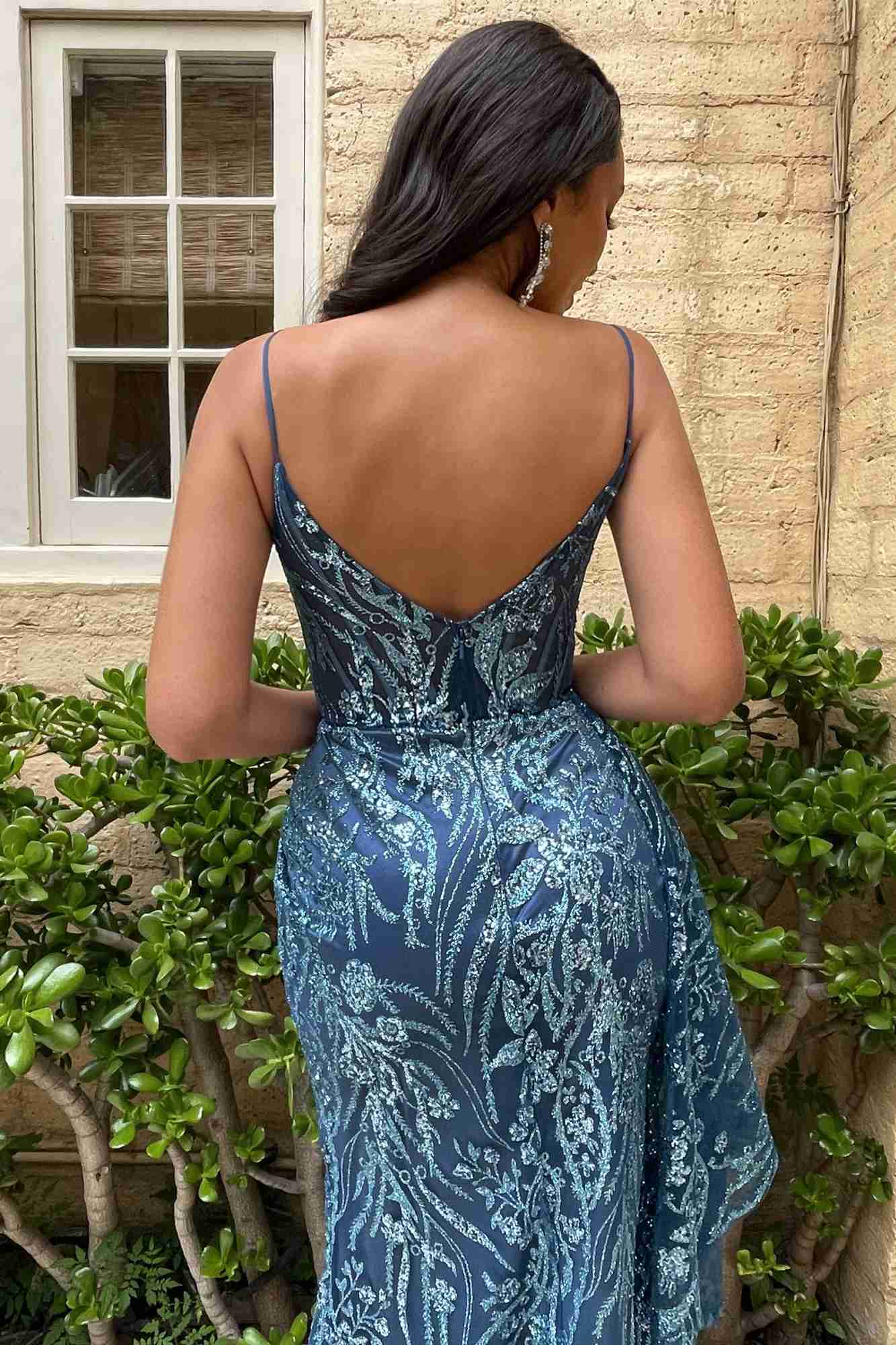 Ladivine J856 Floor Length Fit and Flare Glitter Print Gown Side Peplum by DiscountDressShop