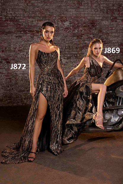 Ladivine J872 Long Strapless Glitter Embellished Leg Slit Evening Gown by DiscountDressShop