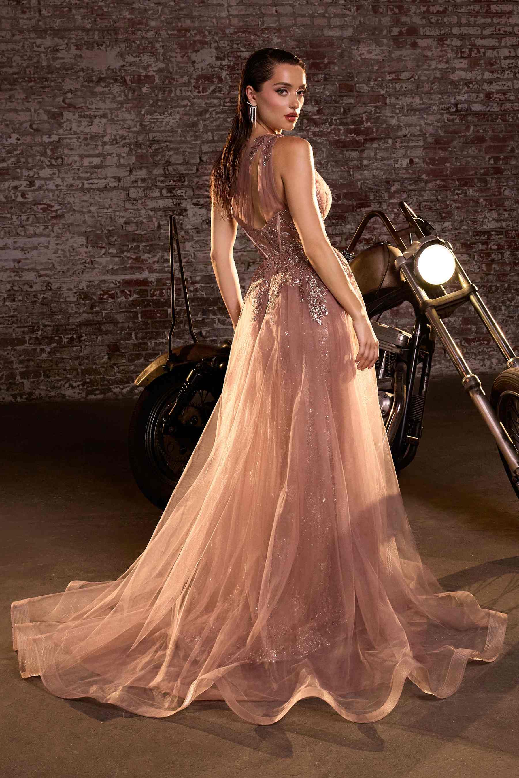 Ladivine J869 Long Fitted Tulle One Shoulder Strap Illusion Neck Gown by DiscountDressShop
