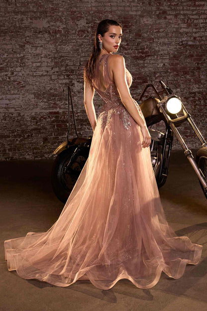 Ladivine J869 Long Fitted Tulle One Shoulder Strap Illusion Neck Gown by DiscountDressShop