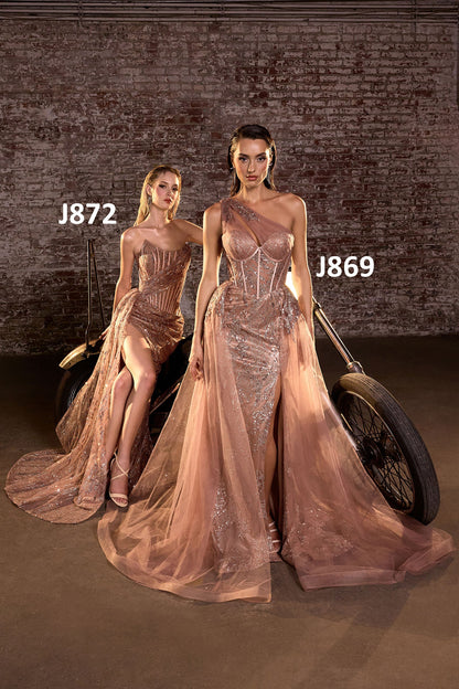 Ladivine J872 Long Strapless Glitter Embellished Leg Slit Evening Gown by DiscountDressShop