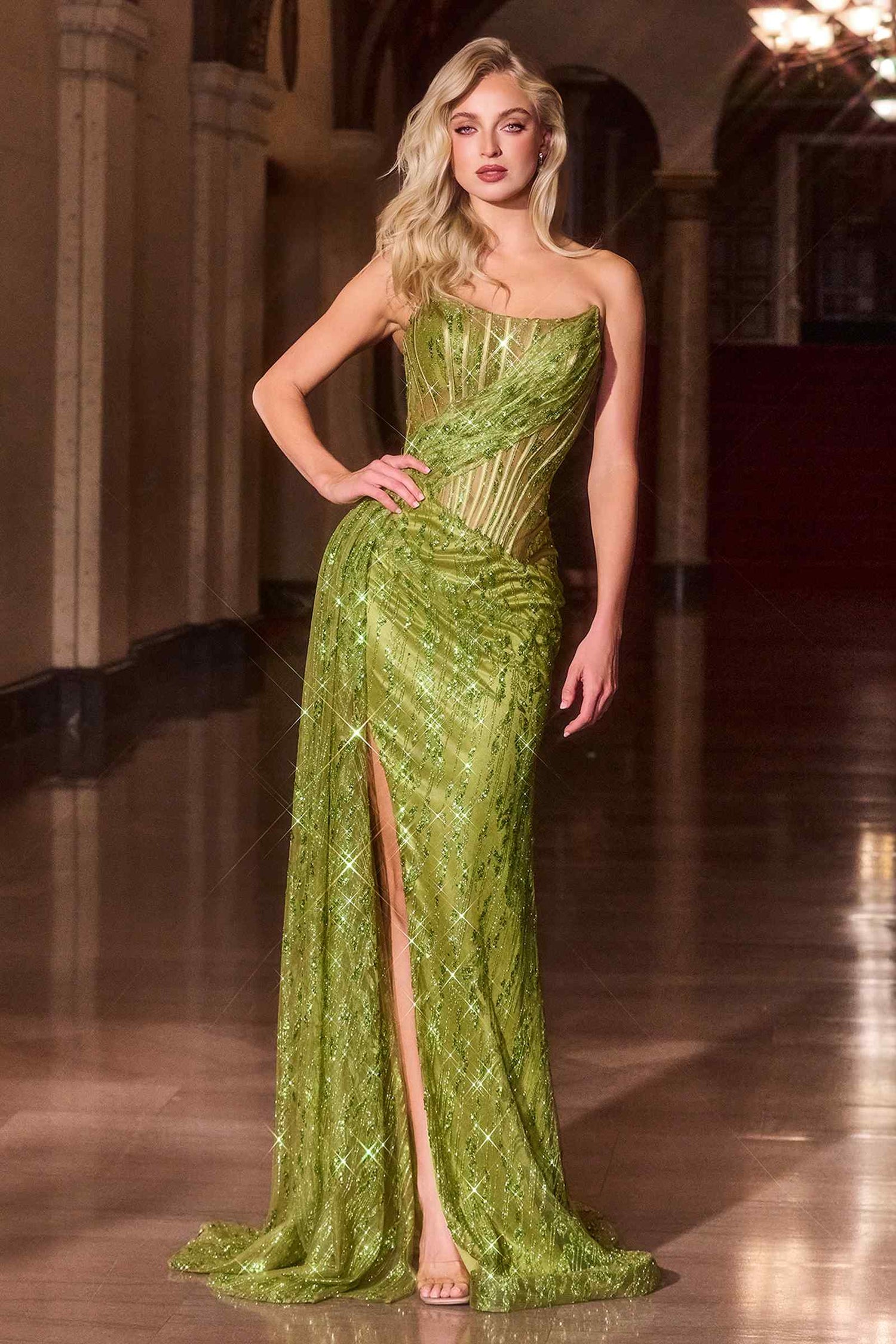 Ladivine J872 Long Strapless Glitter Embellished Leg Slit Evening Gown by DiscountDressShop