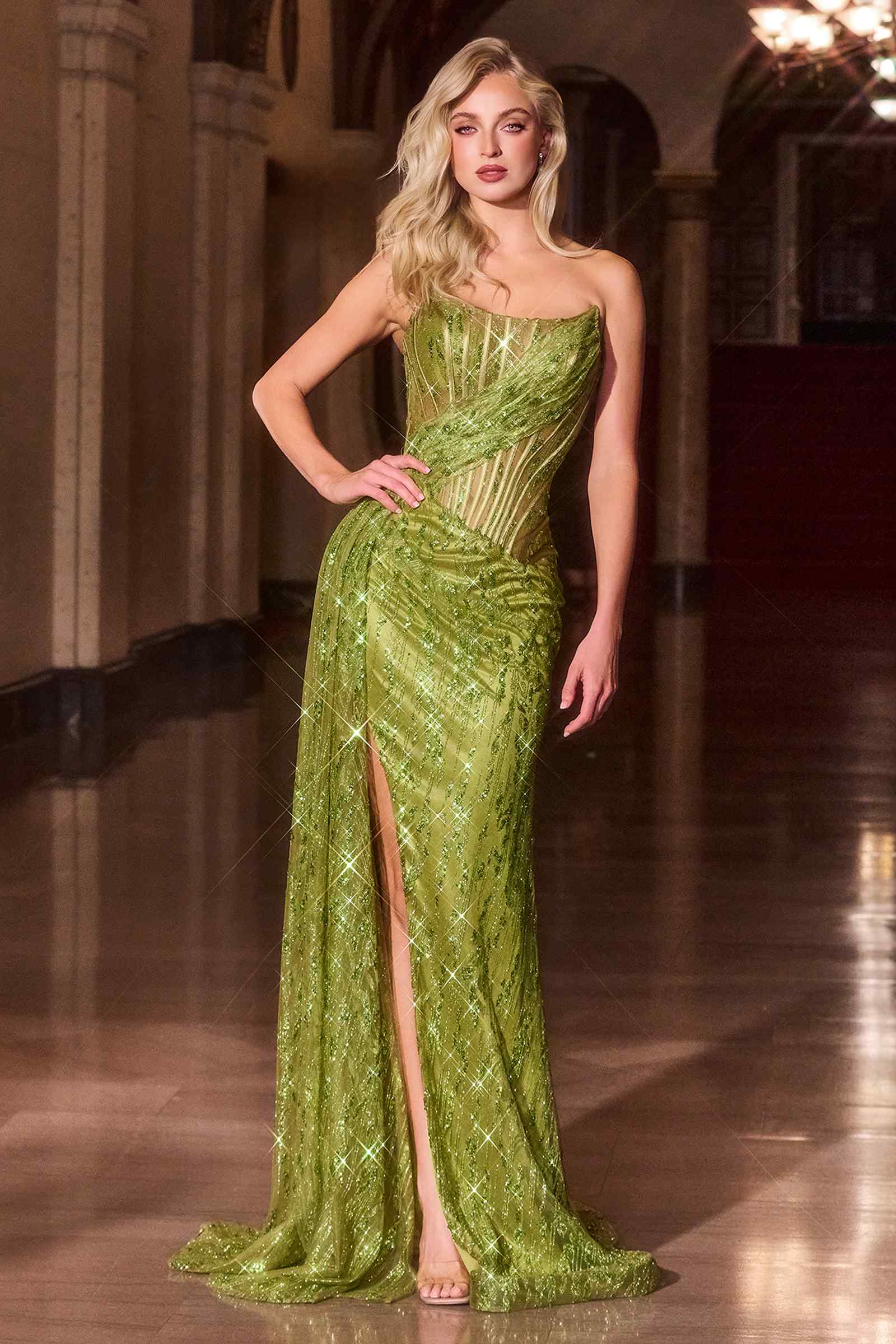 Ladivine J872 Long Strapless Glitter Embellished Leg Slit Evening Gown by DiscountDressShop