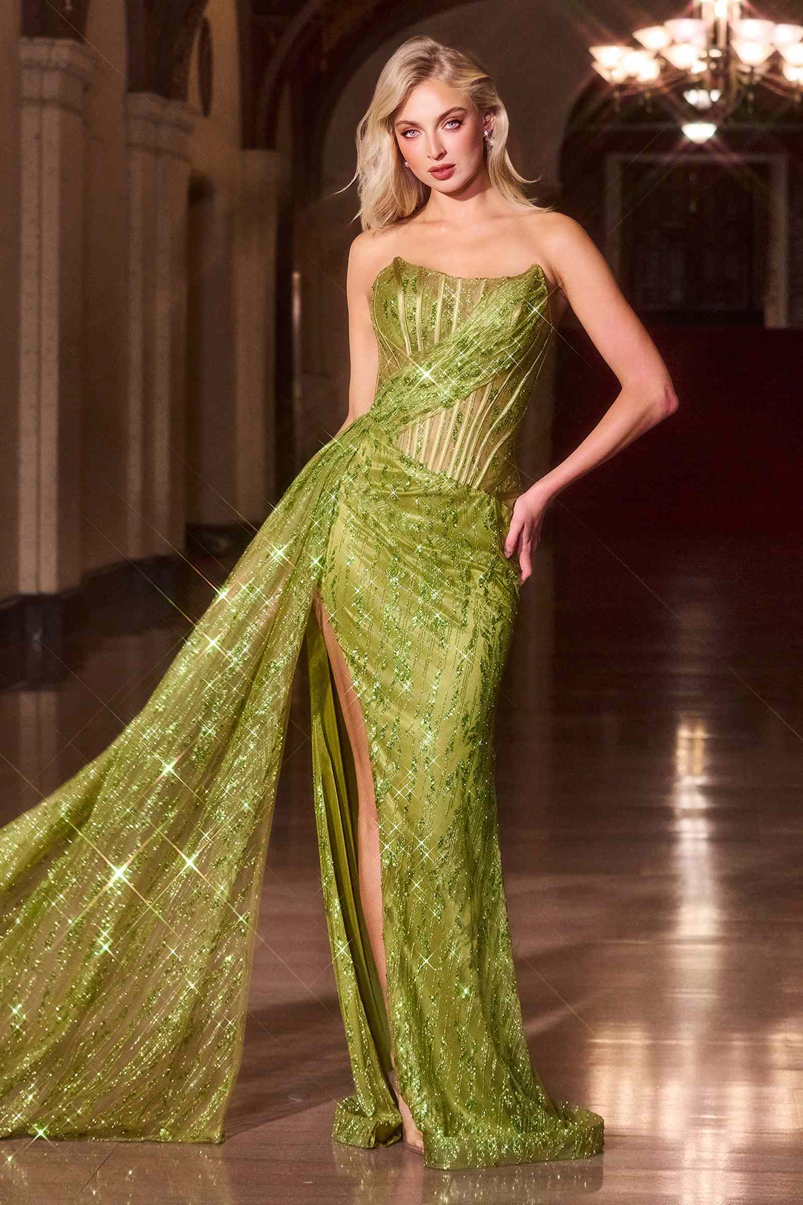 Ladivine J872 Long Strapless Glitter Embellished Leg Slit Evening Gown by DiscountDressShop