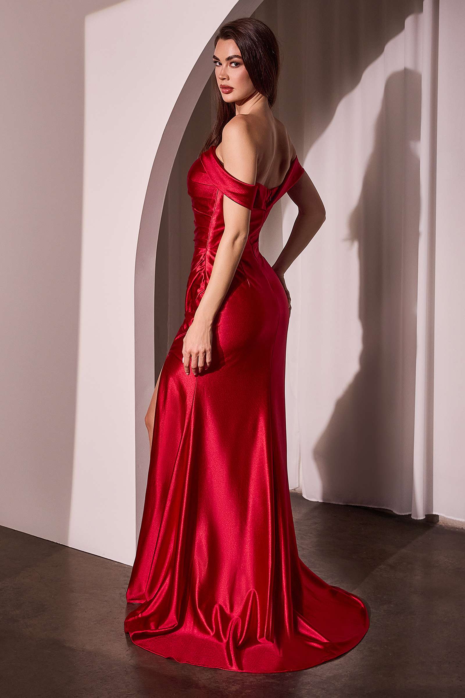 Ladivine J877 Dress Glistening Satin Off the Shoulder Gown by DiscountDressShop