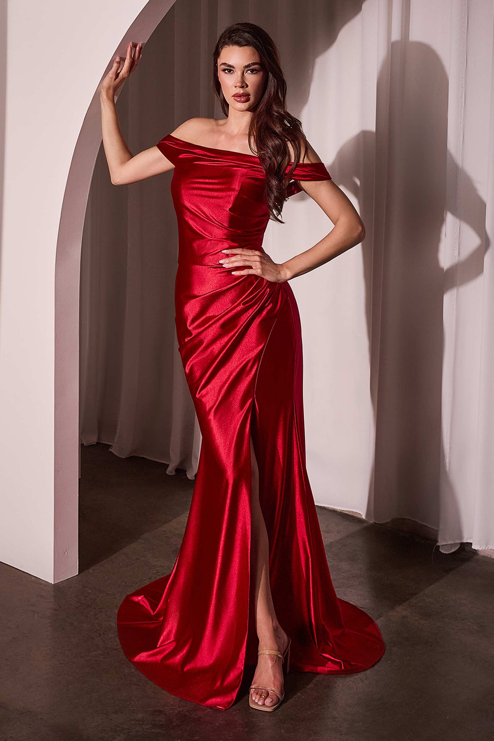 Ladivine J877 Dress Glistening Satin Off the Shoulder Gown by DiscountDressShop