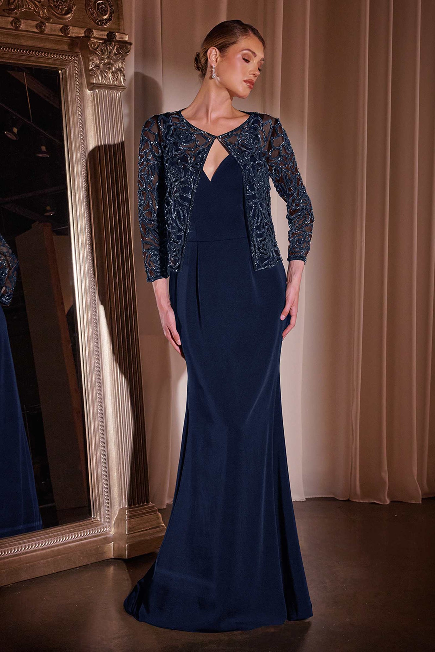 Ladivine J881 Long Fit and Flare Crepe Gown With Removable Jacket by DiscountDressShop