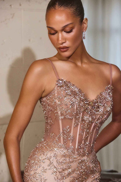 CLEARANCE - Ladivine J889 Hand Placed Applique Shimmering Sequin Fitted Gown (Size 10, 14) by DiscountDressShop