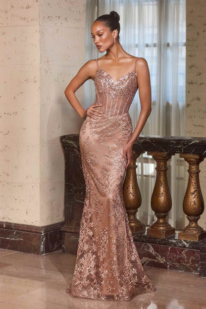 Ladivine J889 Hand Placed Applique Shimmering Sequin Fitted Gown by DiscountDressShop