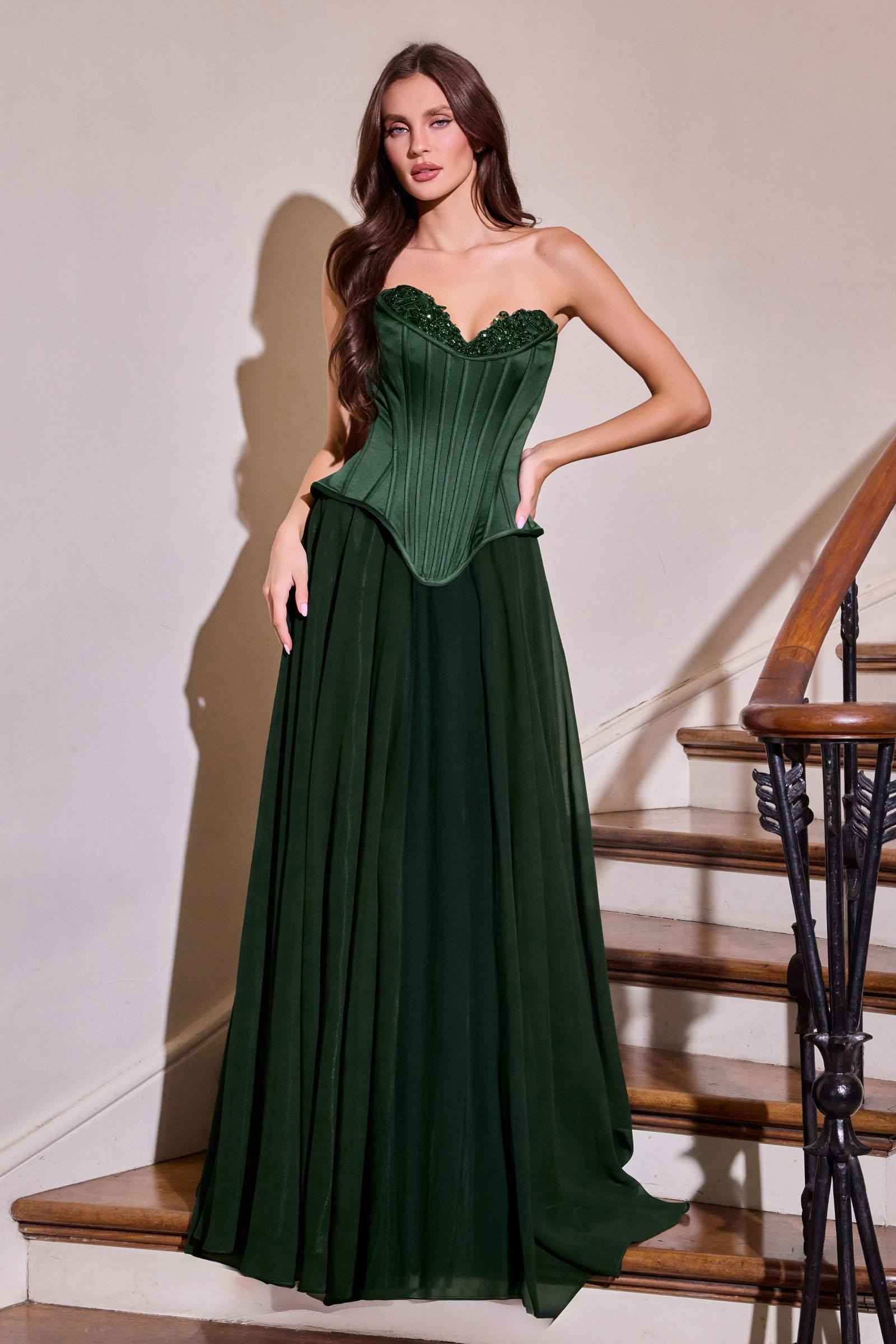 Ladivine J891 Fitted Corset Bodice Flowy Chiffon Skirt Formal Gown by DiscountDressShop