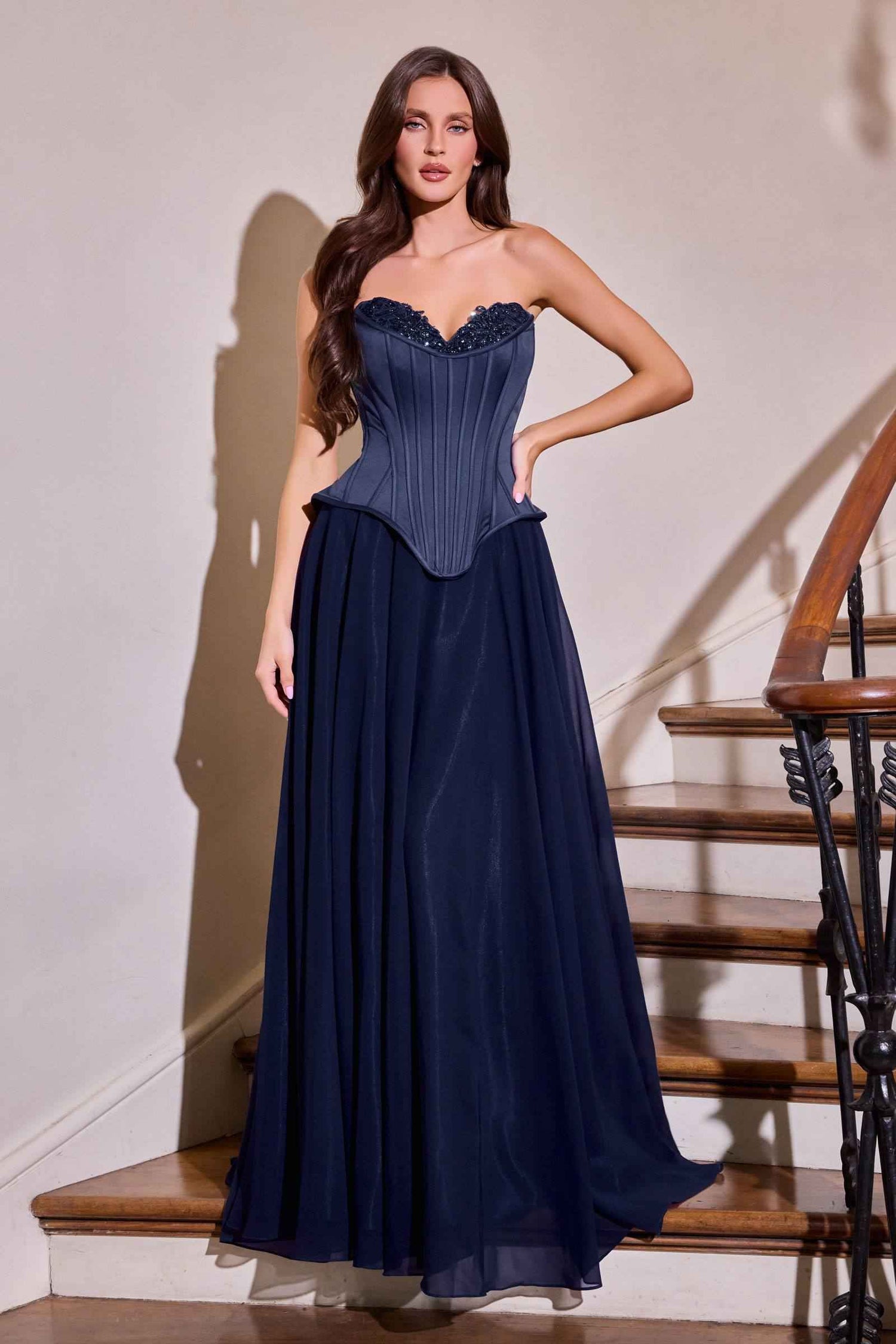 CLEARANCE - Ladivine J891 Fitted Corset Bodice Chiffon Skirt Navy Blue Gown (Size 12) by DiscountDressShop