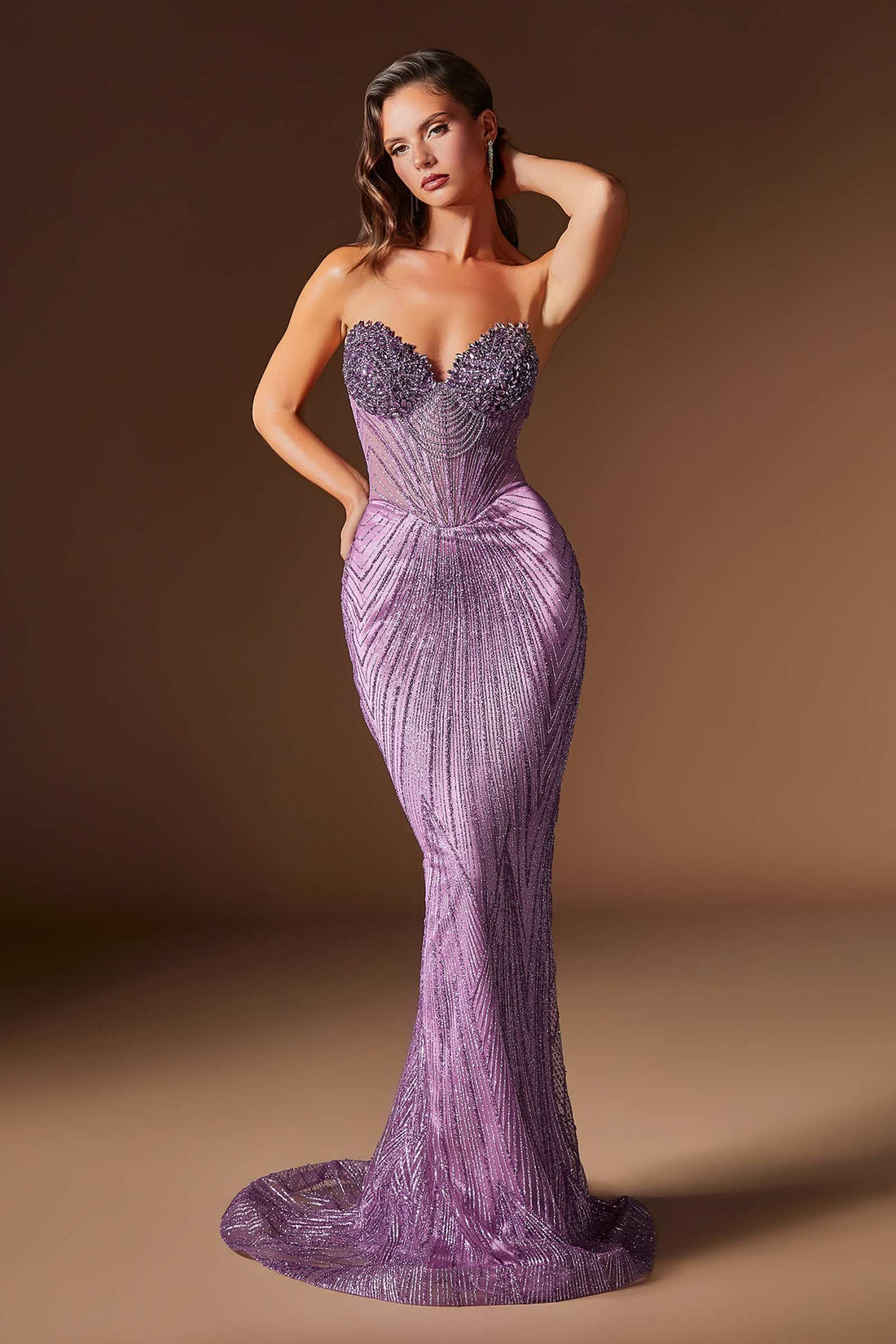 Ladivine J903 Lavish Crystal Encrusted Sheer Corset Bodice Fitted Gown by DiscountDressShop