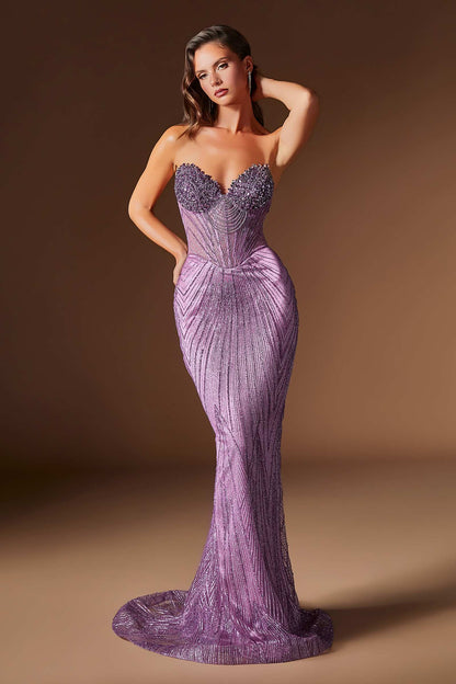 Ladivine J903 Lavish Crystal Encrusted Sheer Corset Bodice Fitted Gown by DiscountDressShop