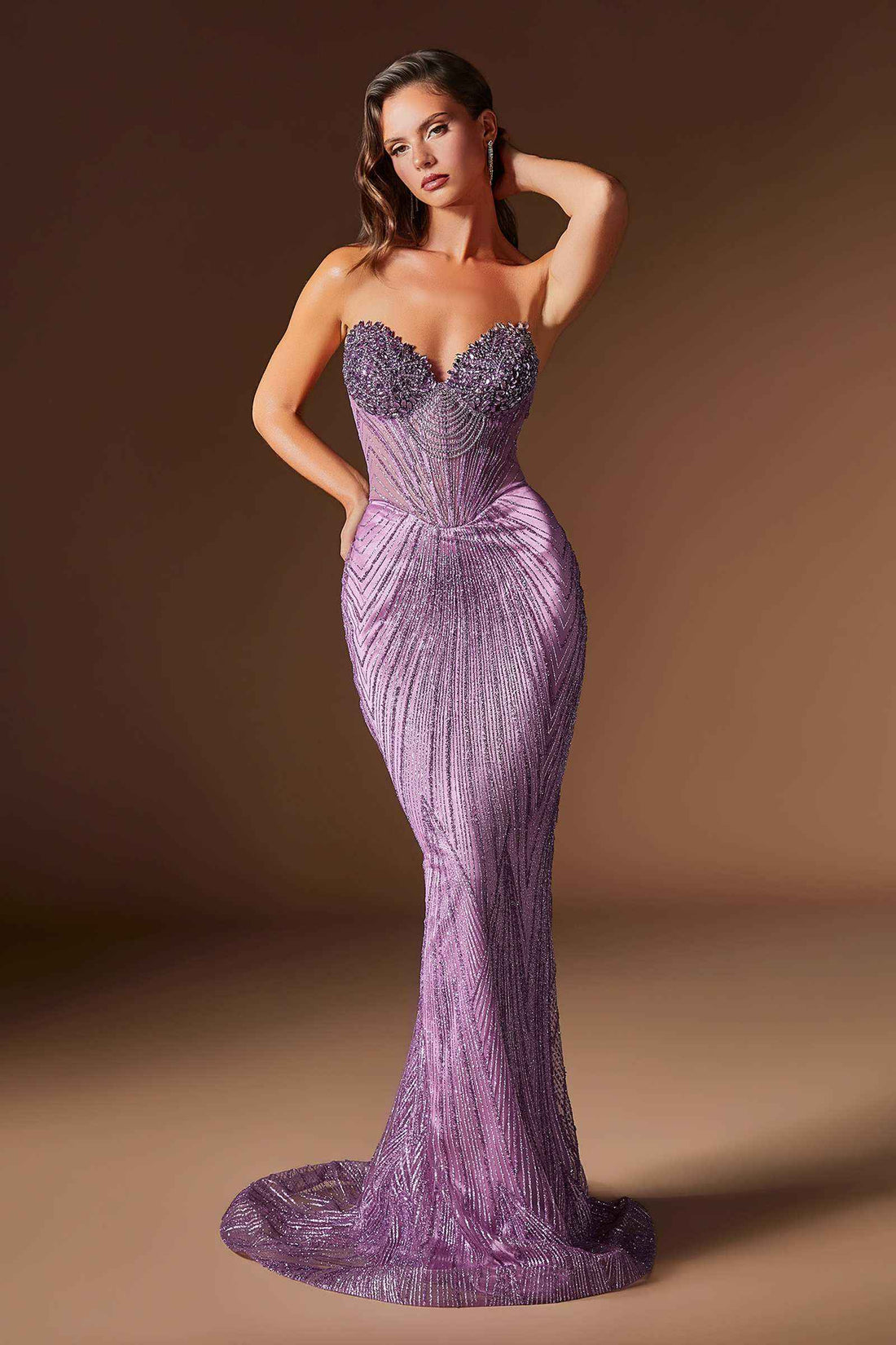 Ladivine J903 Lavish Crystal Encrusted Sheer Corset Bodice Fitted Gown - DestGlow