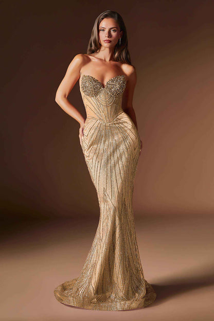 Ladivine J903 Lavish Crystal Encrusted Sheer Corset Bodice Fitted Gown - DestGlow
