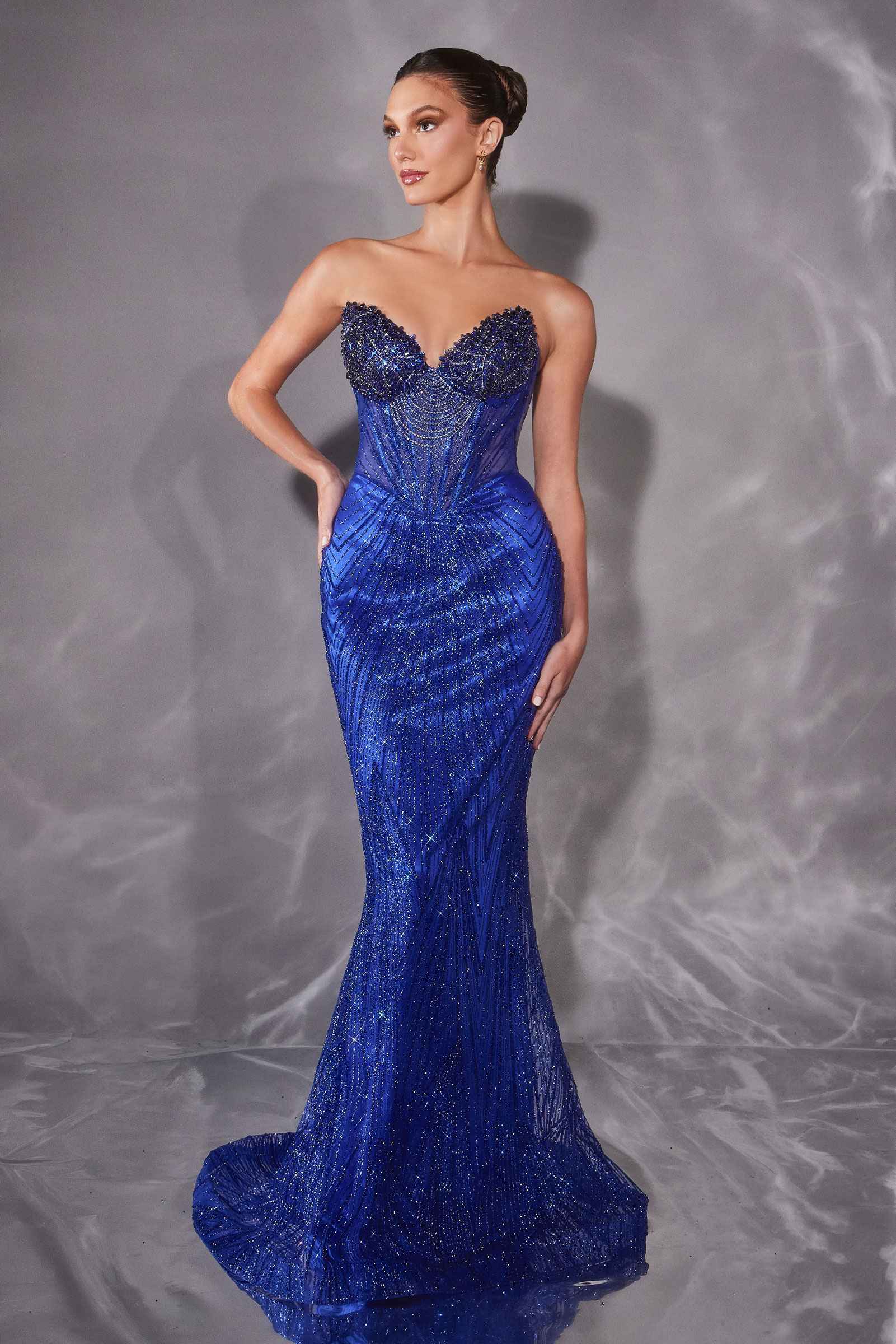 Ladivine J903 Lavish Crystal Encrusted Sheer Corset Bodice Fitted Gown by DiscountDressShop